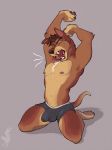  anthro armpit_hair bulge canid canine canis clothed clothing domestic_dog kneeling male mammal nipples open_mouth penis_outline solo stretching topless twistedhound underwear yawn 