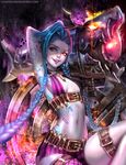 :d ammunition arm_behind_head armpits artist_name bare_arms bare_shoulders belt belt_buckle bikini_top blue_hair blurry braid breasts buckle cowboy_shot depth_of_field fishnet_legwear fishnets floating floating_object glint glowing glowing_eye highres huge_weapon jewelry jinx_(league_of_legends) knee_up league_of_legends long_hair navel necklace open_mouth over_shoulder pale_skin pink_eyes pink_legwear pink_lips rock sangrde shiny shiny_skin sideboob single_thighhigh sitting small_breasts smile solo stomach tattoo teeth thigh_strap thighhighs twin_braids very_long_hair watermark weapon web_address 