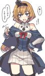  1girl black_hairband black_thighhighs blonde_hair blue_capelet blue_eyes blue_overskirt bow breasts capelet crown earrings flower garter_straps hair_between_eyes hairband jewelry kantai_collection long_hair long_sleeves low-tied_long_hair medium_breasts mini_crown nakadori_(movgnsk) necklace red_bow red_flower red_rose rose saucer solo thighhighs valiant_(kancolle) 