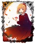  aki_shizuha autumn_leaves blonde_hair border cowboy_shot dress fish flower flower_border fly_agaric hair_ornament holding koto_seori leaf leaf_hair_ornament leaf_on_head long_sleeves looking_at_viewer maple_leaf mouth_hold mushroom red_eyes short_hair solo touhou wind 