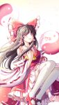  1girl absurdres ascot bow brown_hair commentary_request detached_sleeves frilled_bow frilled_hair_tubes frilled_skirt frills hair_bow hair_tubes hakurei_reimu highres light_blush long_hair looking_at_viewer mito_(fate) open_mouth orb red_bow red_eyes red_footwear red_skirt ribbon-trimmed_skirt ribbon-trimmed_sleeves ribbon_trim shoes signature skirt skirt_set smile solo thighhighs touhou white_thighhighs yellow_ascot yin_yang yin_yang_orb 