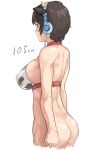  1girl animal_ears animal_print arms_at_sides ass black_hair bottomless breasts cow_ears cow_print cropped_legs facing_away fake_animal_ears halter_top halterneck headphones highres idolmaster idolmaster_cinderella_girls large_breasts muchi_maro oikawa_shizuku print_bikini_top short_hair simple_background solo white_background 