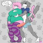 2015 aeris_(vg_cats) anthro big_breasts blinking blue_eyes breast_grab breasts cat clothing dialogue duo entwined_tails feline female fur green_eyes grey_fur grey_hair hair hand_on_breast huge_breasts iamzavok legwear leo_(vg_cats) male mammal penis pink_fur pink_hair shirt slightly_chubby smile stockings sweater underwear vg_cats 