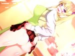  apron ass blonde_hair blue_eyes blush breasts embarrassed eyebrows eyebrows_visible_through_hair highres huge_breasts indoors kitchen legs long_hair long_sleeves looking_back nabesekizaiten open_mouth original plaid_skirt school_uniform shiny shiny_hair sideboob skirt skirt_lift sleeveless_sweater solo standing sweater thighs thong twintails 