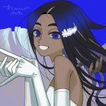  2girls alternate_costume black_hair blue_background blue_eyes dark-skinned_female dark_skin dress elbow_gloves eyelashes from_side geeta_(pokemon) gloves grin hands_up highres long_hair looking_to_the_side lvetica multiple_girls pokemon pokemon_sv sleeveless sleeveless_dress smile teeth translation_request upper_body white_dress white_gloves 