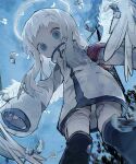  1girl angel_wings armband bandages blue_eyes blue_sky collared_jacket falling_feathers feathered_wings feathers from_below halo high_collar highres jacket knees_together_feet_apart looking_at_viewer original outdoors red_armband sky sleeves_past_wrists soresaki watercolor_effect white_feathers white_hair wings 