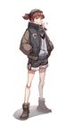 ankle_boots badge bangs bare_legs black_shorts blunt_bangs boots brown_eyes brown_hair closed_mouth cross-laced_footwear die_(die0118) emblem frown full_body fur-trimmed_jacket fur_trim girls_und_panzer goggles goggles_on_head grass hands_in_pockets high_collar jacket keizoku_(emblem) legs_apart long_sleeves looking_at_viewer md5_mismatch mikko_(girls_und_panzer) mouth_hold open_clothes open_jacket ponytail red_eyes scarf shade shadow short_ponytail shorts simple_background socks solo stalk_in_mouth standing unbuckled_belt unzipped white_background 