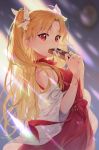  1girl ahoge akashirokai artist_name banned_artist bare_shoulders blonde_hair blush bow bracelet commentary_request cowboy_shot dress earrings ereshkigal_(fate/grand_order) eyebrows_visible_through_hair fate/grand_order fate_(series) frilled_dress frills gift glint hair_ribbon highres holding holding_gift jewelry lens_flare long_hair off_shoulder parted_lips partial_commentary red_bow red_dress red_eyes ribbon sleeveless sleeveless_dress solo striped twitter_username two_side_up valentine watermark white_ribbon 