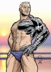  1boy bara beach beard_stubble blue_male_swimwear body_hair cable_(marvel) cleft_chin facial_hair hands_on_own_hips leg_hair male_focus male_swimwear marvel missing_eye muscular muscular_male prosthesis prosthetic_arm stubble sunset swim_briefs white_hair x-men xcub 