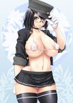  adjusting_clothes adjusting_hat akitsu_maru_(kantai_collection) alternate_skin_color areola_slip areolae ayato bespectacled black-framed_eyewear black_eyes black_hair black_legwear blush boots bra breasts commentary_request glasses gloves hat highres kantai_collection large_breasts looking_at_viewer miniskirt navel open_clothes open_shirt panties pleated_skirt pubic_hair remodel_(kantai_collection) rimless_eyewear shirt short_hair skirt smile solo thighhighs underwear white_bra white_gloves white_panties 