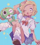  1boy 1girl angol_mois blonde_hair blush brown_eyes dark-skinned_female dark_skin full_body keroro keroro_gunsou loose_socks mnmn0406 neck_ribbon ribbon short_sleeves socks 