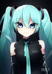  1girl :3 absurdres alternate_color aqua_eyes aqua_hair arm_tattoo bare_shoulders black_background breasts closed_mouth collared_shirt commentary detached_sleeves hair_ornament hatsune_miku hatsune_miku_(nt) headphones highres kinosuke_(pattaba) long_hair looking_at_viewer neck_ribbon piapro ribbon shirt simple_background small_breasts smile solo straight-on tattoo twintails upper_body vocaloid 