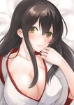  akagi_(kantai_collection) areola_slip areolae black_hair blush breasts brown_eyes brown_hair cleavage collarbone commentary_request covered_nipples ear_blush fukuroumori japanese_clothes kantai_collection large_breasts long_hair looking_at_viewer lying no_bra nose_blush on_back smile solo upper_body wide_sleeves 
