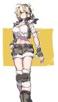  1girl bandaged_arm bandages belt blonde_hair boots breasts brown_bandana brown_belt brown_eyes brown_footwear brown_gloves brown_shorts brown_vest cleavage closed_mouth collarbone crop_top feet_out_of_frame fingerless_gloves gloves hand_on_own_hip highres hip_vent huanxiang_huifeng kasamoto_eri knee_pads large_breasts metal_slug midriff navel open_clothes open_vest shorts solo sparkle standing tank_top twitter_username two-tone_background vest white_background white_tank_top yellow_background 