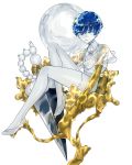  1other androgynous bangs blue_eyes blue_hair blunt_bangs colored_eyelashes crystal_hair full_body full_moon glowing glowing_eye gold golden_arms heterochromia highres houseki_no_kuni looking_at_viewer moon necktie phosphophyllite phosphophyllite_(ll) see-through_sleeves serious short_hair solo spoilers sword tagme weapon white_background white_eyes white_skin 