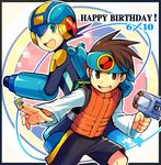  battle_chip boots brown_eyes brown_hair commentary_request dated green_eyes happy_birthday headband helmet hikari_netto iroyopon long_sleeves open_mouth personal_terminal rockman rockman_exe rockman_exe_(character) short_hair shoulder_guard smile vest weapon 
