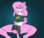  2013 aeris_(vg_cats) anthro bdsm blue_eyes bondage bottomless bound breasts cat clothed clothing feline female fur hair iamzavok mammal microsoft partially_clothed pink_fur pink_hair shirt solo tongue tongue_out triforce vg_cats video_games xbox xbox_360 