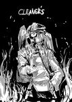  black_background cleaners fire gas_mask greyscale hand_on_hip hat highres kantai_collection long_hair monochrome osakana_(denpa_yun'yun) ryuujou_(kantai_collection) simple_background solo tom_clancy's_the_division twintails 