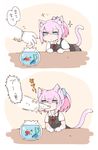  admiral_(kantai_collection) animal_ears biting blouse blue_eyes cat_ears cat_tail comic fish fishbowl gloves hair_between_eyes hair_ornament hand_biting kantai_collection kemonomimi_mode leaning_forward long_sleeves mato_tsuyoi neck_ribbon pink_hair ponytail red_ribbon ribbon school_uniform shiranui_(kantai_collection) short_sleeves skirt sparkle tail translated vest white_blouse white_gloves 