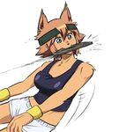  animal_ears brown_eyes brown_hair claws dog_ears dog_tail fang full_body fur furry highres kobold monster_girl monster_musume_no_iru_nichijou navel polt pose rolf_(artist) shadow simple_background solo sweatband tail usain_bolt white_background 