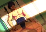  black_hair bulge clothes_removed doudanuki_masakuni from_above hand_on_own_thigh japanese_clothes looking_at_viewer lvlv lying male_focus nipples on_back pillow scar solo spread_legs touken_ranbu underwear underwear_only yellow_eyes 