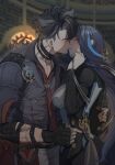 1boy 1girl bandaged_arm bandaged_neck bandages black_bandages black_corset black_gloves black_hair blue_hair blurry blurry_background breasts brick_wall chain clorinde_(genshin_impact) closed_eyes coat coat_on_shoulders corset couple dark_blue_hair ear_piercing earrings english_commentary fingerless_gloves fold-over_gloves framed_breasts from_side fur-trimmed_coat fur_trim genshin_impact gloves grey_pants grey_vest hair_between_eyes hetero highres imminent_kiss indoors jewelry lapels large_breasts long_hair_between_eyes medallion multicolored_hair necktie pants pencil_skirt piercing rchella red_necktie scar scar_on_arm scar_on_neck shirt skirt streaked_hair stud_earrings taut_clothes taut_shirt vest wriothesley_(genshin_impact) 