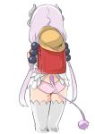  1girl accidental_exposure ass backpack bag cropped_legs dragon_girl dragon_horns dragon_tail dress dress_lift facing_away from_behind hair_bobbles hair_ornament highres horns kanna_kamui kobayashi-san_chi_no_maidragon lavender_hair lavender_panties long_hair muchi_maro randoseru simple_background solo standing tail thighhighs twintails very_long_hair white_background 