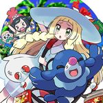  &gt;_&lt; bird black_hair blonde_hair braid closed_eyes dress gen_7_pokemon green_eyes hat kingin lillie_(pokemon) long_hair mizuki_(pokemon) multiple_girls owl poke_ball pokemon pokemon_(creature) pokemon_(game) pokemon_sm popplio rowlet sun_hat twin_braids 