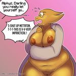  2016 alphys anthro areola arnachy big_breasts blush border breasts english_text erect_nipples eyewear female glasses hi_res huge_breasts lizard navel nipples pink_background pussy reptile scalie simple_background slightly_chubby solo sweat text undertale video_games white_border 