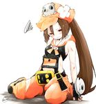  belt_buckle breasts brown_hair buckle chita_(ketchup) crying crying_with_eyes_open cuts fingerless_gloves gloves guilty_gear hat highres injury long_hair may_(guilty_gear) orange_eyes pirate_hat ponytail sailor_collar sitting sleeveless small_breasts solo squiggle tears torn_clothes yokozuwari 