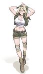  1girl absurdres adjusting_clothes adjusting_headwear belt blonde_hair boots breasts brown_belt brown_eyes brown_footwear brown_socks collarbone commentary_request full_body green_hat green_shorts green_vest green_wristband hat highres huanxiang_huifeng kasamoto_eri knee_pads large_breasts metal_slug midriff navel open_clothes open_vest parted_lips shorts simple_background socks solo stomach tank_top vest walking white_background white_tank_top 