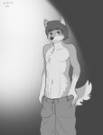  2016 anthro canine chest_tuft clothed clothing corporalbackrubs digital_media_(artwork) greyscale hair hi_res looking_at_viewer male mammal monochrome pants pubes short_hair simple_background solo topless tuft undressing wolf 