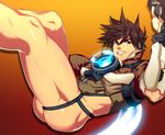  bottomless brown_hair genderswap genderswap_(ftm) gloves glowing goggles goggles_removed grin holding holding_weapon looking_at_viewer lvlv male_focus overwatch smile solo spiked_hair tracer_(overwatch) weapon yellow_eyes 