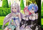  :d absurdres apron bangs bare_shoulders black_ribbon blue_eyes blue_hair blue_ribbon blunt_bangs blush bow breasts chair cleavage cleavage_cutout closed_mouth cup detached_sleeves elf emerald emilia_(re:zero) flower frills gem hair_brush hair_brushing hair_over_one_eye hair_ribbon hairband hands_together head_on_another's_shoulder head_tilt highres holding holding_hair holding_hands indoors leaning_on_person leaning_to_the_side legs_together light_smile long_hair long_sleeves looking_at_viewer maid multiple_girls official_art open_mouth pink_hair pointy_ears ram_(re:zero) re:zero_kara_hajimeru_isekai_seikatsu rem_(re:zero) ribbon scan short_hair siblings side-by-side sisters sitting sleeping sleeping_on_person sleeping_upright small_breasts smile tanaka_kazuma twins 