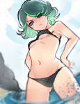  :t adapted_costume armpits bare_shoulders bikini black_bikini blue_sky blurry blush breasts closed_mouth clothes_writing curly_hair day depth_of_field from_below green_eyes green_hair hands_on_hips highres looking_down multicolored_hair navel ocean one-punch_man oppai_hoodie pout shore short_hair sketch sky small_breasts solo standing stomach swimsuit tatsumaki two-tone_hair underboob wading yukisaki_mayui 
