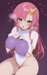  1girl :o blush breasts campbell_xx capelet commentary_request covered_navel dark_background elbow_gloves gloves gundam gundam_seed hair_ornament heart heavy_breathing highres large_breasts leotard meer_campbell multicolored_leotard nose_blush open_mouth pink_hair purple_eyes purple_leotard simple_background solo sweat thighs white_capelet white_gloves white_leotard 