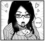  akairiot bad_id bad_tumblr_id black_border blush border cupping_hand emphasis_lines english glasses greyscale heart long_hair looking_at_viewer monochrome open_mouth oral_invitation original ribbed_sweater saliva semi-rimless_eyewear solo sweater tongue tongue_out under-rim_eyewear 
