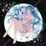  barefoot blue_eyes blush closed_eyes dress hatsune_miku highres last_night_good_night_(vocaloid) long_hair moon off_shoulder sleeping solo twintails utut very_long_hair vocaloid 
