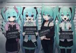  4girls absurdres aqua_eyes bare_shoulders black_eyes black_jacket black_pants black_shirt black_skirt black_thighhighs bow bowtie bracelet breasts choker closed_mouth collared_shirt commentary_request cowboy_shot crop_top detached_sleeves ear_piercing frilled_shirt_collar frilled_skirt frills green_eyes hair_bow hatsune_miku hatsune_miku_(nt) height_chart highres jacket jewelry kinosuke_(pattaba) long_hair long_sleeves looking_at_viewer midriff mouth_piercing mugshot multicolored_hair multiple_girls multiple_persona navel necklace necktie off_shoulder open_mouth pants piapro piercing pink_shirt raised_eyebrow ring shirt skirt small_breasts smile standing streaked_hair thighhighs twintails vocaloid white_shirt 