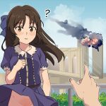  1girl 1other 9/11 ? aldwelter blue_dress blue_sky brooklyn_bridge brown_eyes brown_hair cloud cloudy_sky commentary day dress hair_ribbon highres idolmaster idolmaster_cinderella_girls idolmaster_cinderella_girls_u149 new_york_city no_panties outdoors pointing real_world_location ribbon sky smoke symbol-only_commentary tachibana_arisu wind wind_lift world_trade_center 