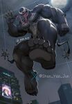 2024 alien alien_humanoid behind_glass big_muscles black_body bodily_fluids building city city_background claws emblem empty_eyes featureless_chest feet full_moon hi_res humanoid long_tongue looking_at_viewer looking_down looking_down_at_viewer male marvel moon muscular night not_furry open_mouth saliva shan_yao_jun sharp_teeth solo star symbiote teeth tendrils text toe_claws tongue tongue_out twitter venom_(marvel) x_logo