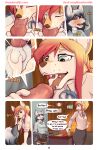 ahegao animal_genitalia animal_penis anthro balls blonde_hair blue_eyes bodily_fluids canid canine canine_genitalia canine_penis canis cassandra_lykaios comic cum cum_in_mouth cum_inside dialogue domestic_dog drinking drinking_cum duo ejaculation elie-s_den fellatio female genital_fluids genitals gynomorph hair husky intersex intersex/female knot linahusky looking_pleasured mammal nordic_sled_dog office oral penile penis pink_hair semi_public sex silver_hair spitz
