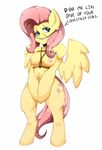  anthro areola breasts cutie_mark english_text equine female fluttershy_(mlp) friendship_is_magic fur hair half-closed_eyes looking_at_viewer mammal my_little_pony nipples open_mouth pegasus pink_hair reins simple_background solo standing text thetroon white_background wide_hips wings yellow_fur 