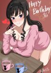  1girl amagami black_hair black_hairband blue_eyes blush breast_rest breasts brown_background carried_breast_rest carrying cleavage coffee cup curly_hair dress drill_hair elbow_on_table elbows_on_table finger_to_cheek hairband heart long_hair long_sleeves looking_at_viewer mori_heichi morishima_haruka mug pink_dress pointing pointing_at_self print_mug simple_background sitting smile solo star_(symbol) steam table tsurime wooden_table 