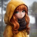  blurry blurry_background blush face green_eyes highres hood hooded_jacket jacket kotikomori long_hair orange_hair original outdoors solo tree watermark yellow_jacket 