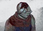  1boy armor blood blood_on_armor blue_shirt brown_gloves chosen_undead commentary_request dark_souls_(series) dark_souls_i gloves helm helmet highres male_focus ooexist pauldrons profile red_scarf scarf shirt shoulder_armor upper_body 
