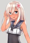  absurdres bangs bare_shoulders blonde_hair blue_eyes blush crop_top eyebrows eyebrows_visible_through_hair flower glasses go-1 hair_between_eyes hair_flower hair_ornament highres kantai_collection long_hair looking_at_viewer one-piece_tan open_mouth ro-500_(kantai_collection) sailor_collar school_swimsuit semi-rimless_eyewear smile solo swimsuit swimsuit_under_clothes tan tanline 