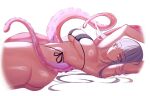  1girl arms_up ass bikini black_bikini blunt_bangs breasts closed_mouth commentary commission highres huge_breasts long_hair looking_at_viewer original s7nsles side-tie_bikini_bottom simple_background solo swimsuit tentacles thighs white_background white_hair yellow_eyes 