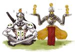  2boys balancing cyborg food fruit genji_(overwatch) humanoid_robot indian_style male_focus multiple_boys omnic orange overwatch robot shirtless sitting sword weapon weapon_on_back zenyatta_(overwatch) 