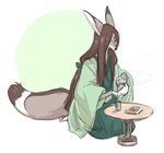  2016 ambiguous_gender beverage brown_fur brown_hair canine dagger_leonelli food fox fur hair japanese kneeling mammal solo table tea 